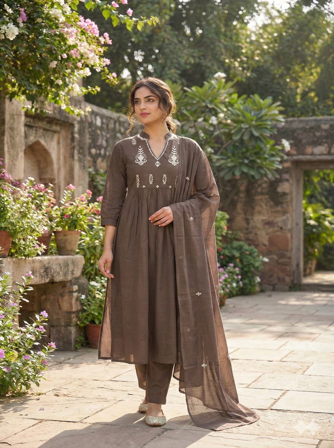 Embroidered Flared Cotton Kurta Set