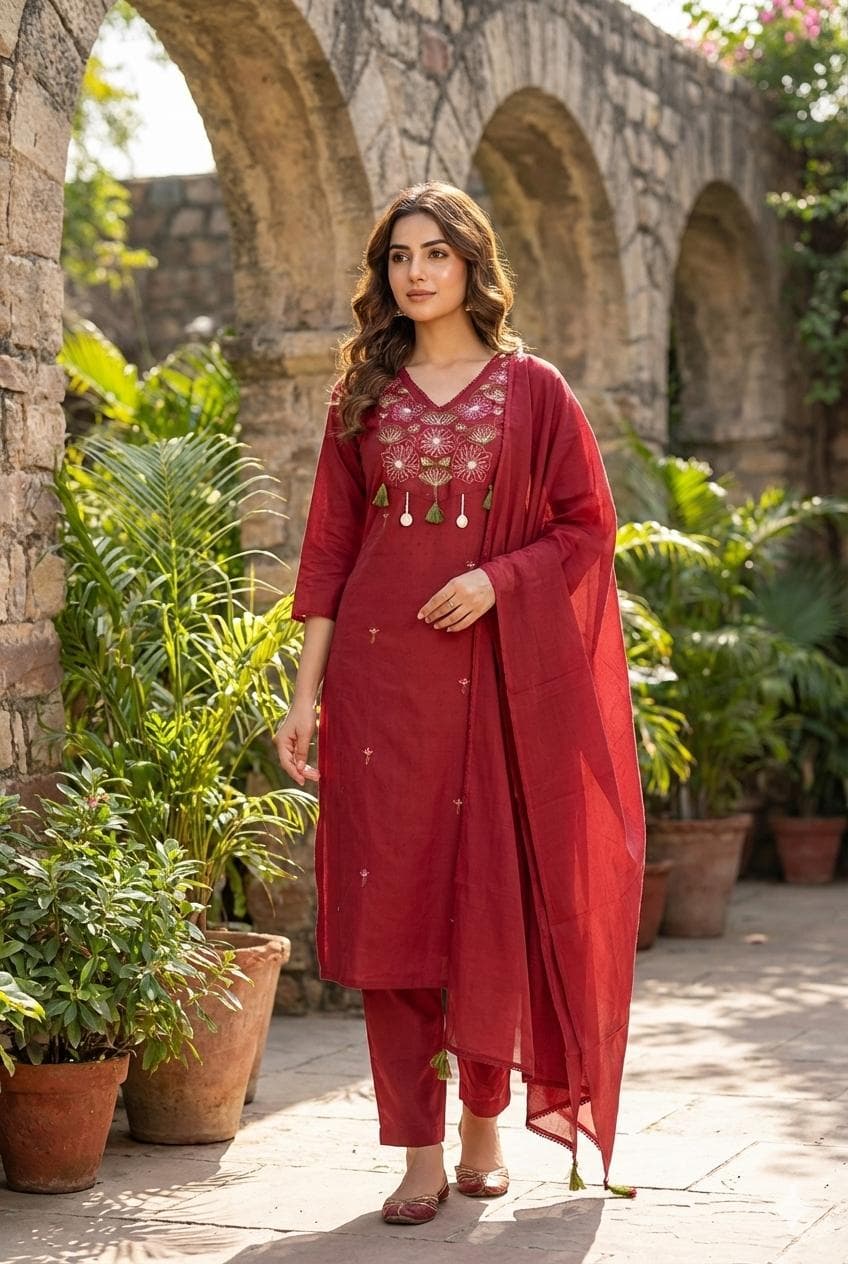 Tassel-Detail Embroidered Cotton Kurta Set
